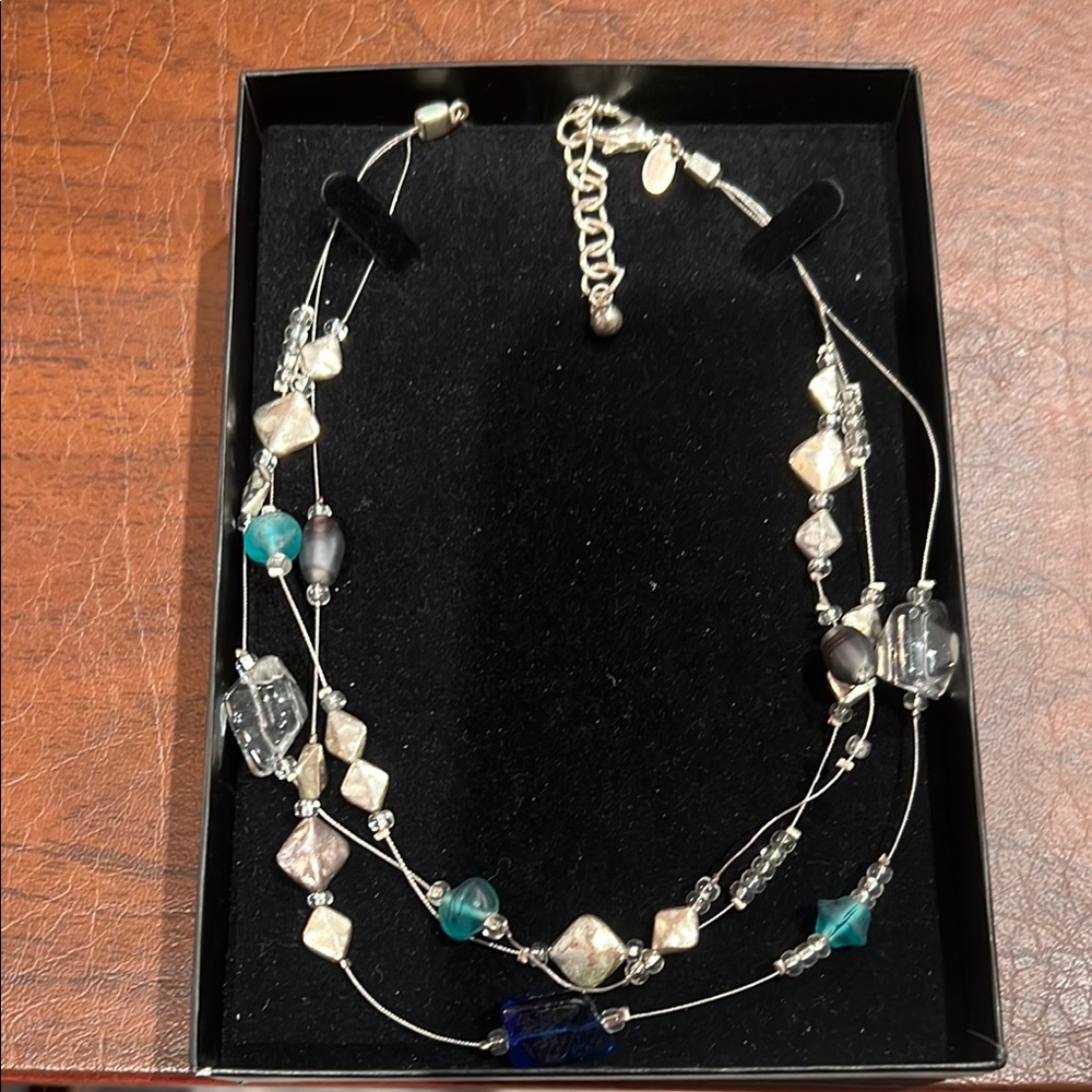 3 strand Silver and Blue Beaded Necklace